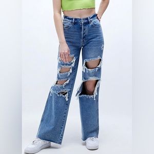 PacSun Medium Blue Distressed High Waisted Baggy Jeans